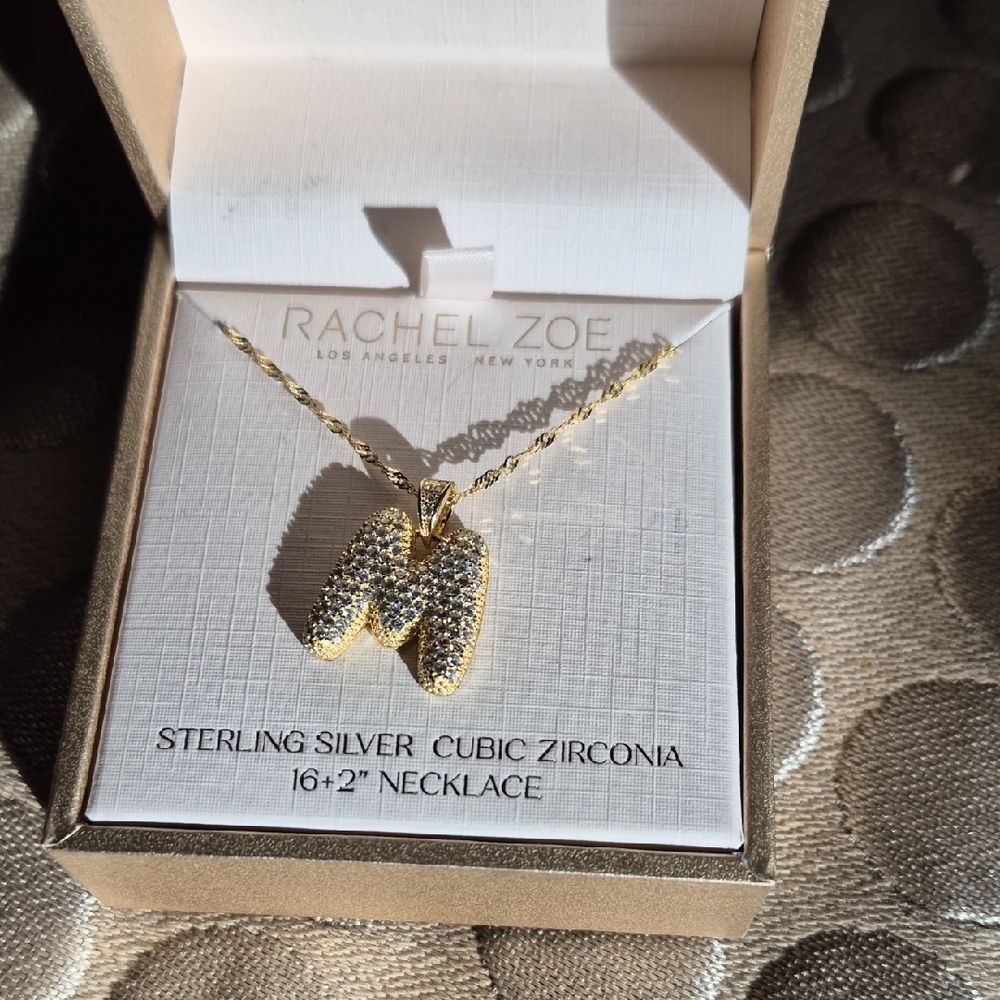 Rachel Zoe Sterling Silver Gold-Plated Cubic Zirconia 'M' Necklace